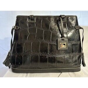 Dooney & Bourke Vintage Croco Embossed Black Leather Satchel Purse Tassels Large